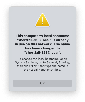 A warning error message from macOS Ventura, a yellow exclamation mark at the top. There is an OK button at the bottom. It reads

This computer's local hostname
"shortfall-996.local" is already in use on this network. The name has been changed to
"shortfall-1287.local".
lo change the local hostname, open
System Settings, go to General, Sharing, then click "Edit" and type the name in the "Local Hostname" field.

