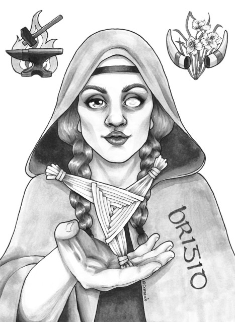 Drawing of Brigid in greyscale, holding a three-armed cross, with a drawing of a flaming anvil over one shoulder and a drawing of horns and flowers over the other one.