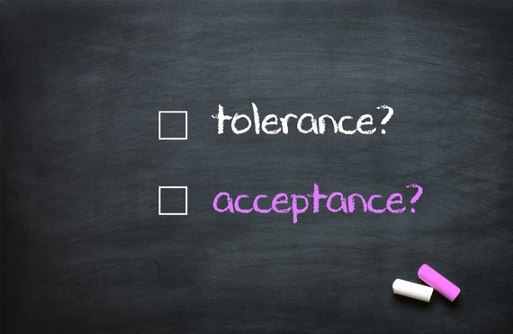 Checkboxes on a blackboard, with pieces of white and pink chalk laying on the board. There are two checkboxes, one next to “tolerance?” in white, and one next to “acceptance?” in pink.