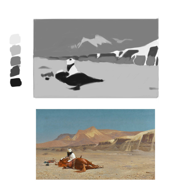 Landscape master study in five gray values on on the top and the original reference on the bottom. 